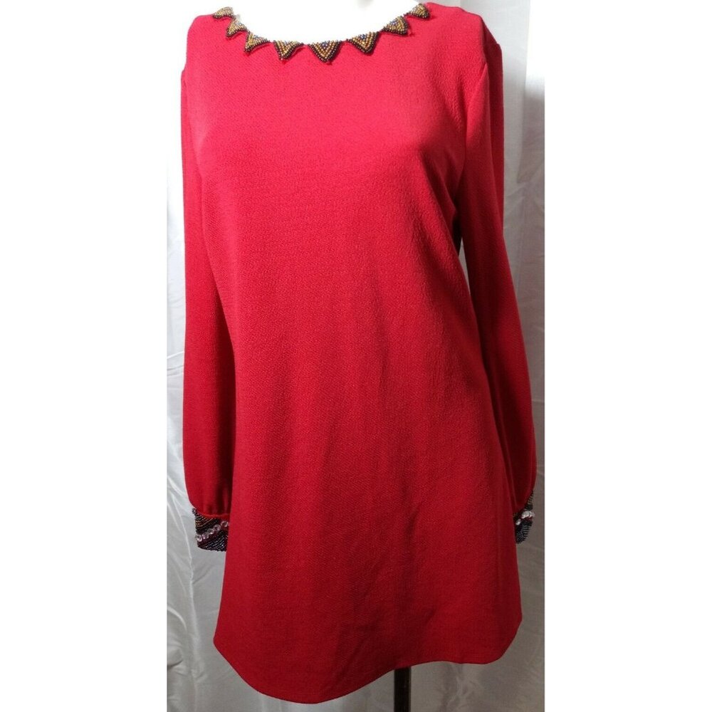 Ella Blue Women Red Cocktail Elegant Dress Sz  M Beaded Neck and Sleeve Zip Back